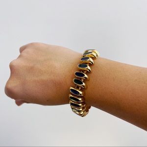 Erwin Pearl Gold Tone Blue Green Enamel Wavy Chunky Chain Bracelet 7” Signed